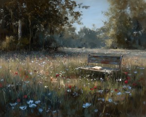 Printable Meadow Bench Landscape Painting, Vintage Wildflower Field Print, Country Farmhouse Decor, Rustic Floral Wall Art, Digital Download
