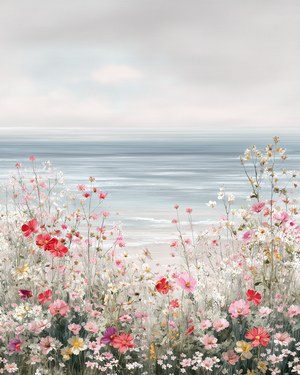 Cosmos Wildflower Landscape Printable Art, Vintage Beach Print, Light Wall Art, Beach House Decor, Summer Seascape Print, Digital Download
