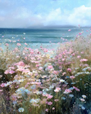 Costal Wildflowers Painting, Vintage Beach Print, Ocean Wall Art, Beach House Decor, Summer Seascape Print, Seashore Digital Download