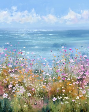 Beach Wildflowers Landscape, Vintage Ocean Wall Art, Coastal Seascape Print, Cottage Decor, Summer Nature Print, Printable Digital Download