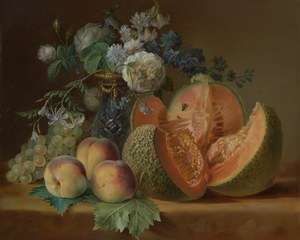 Fruits Arrangement Painting, Melon, Peaches, and Grapes, Vintage Heritage Artwork, Classic Fruit Decor, Digital Download