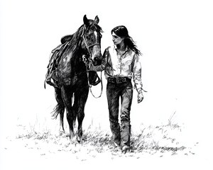 Western Cowgirl Sketch Minimalist Neutral Vintage Wall Art, Farmhouse Decor
