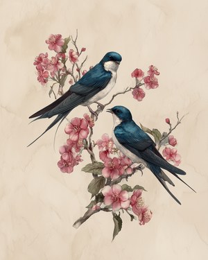 Swallow Bird Vintage Wall Art, Spring Home Decor, Cottagecore Decor