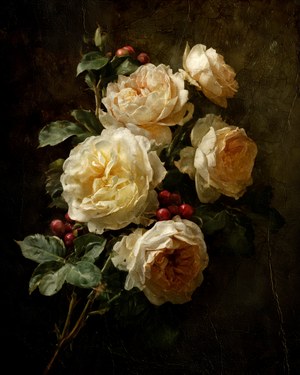 Dark Floral Still Life Painting, Vintage Home Decor, Dining Room Art