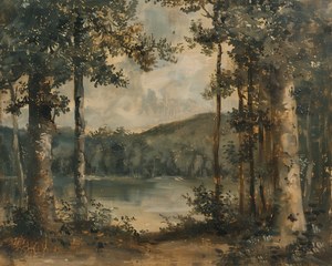 Vintage Lake Landscape Painting, Moody Print, Farmhouse Decor (Printable Digital Download)