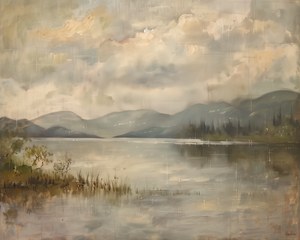 Vintage Lake Landscape Painting, Dining Room Decor (Printable Digital Download)