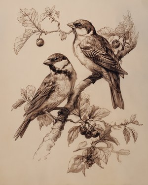Bird Couple Botanical Vintage Sketch, French Country Wall Art, Love Birds Print (Printable Digital Download)