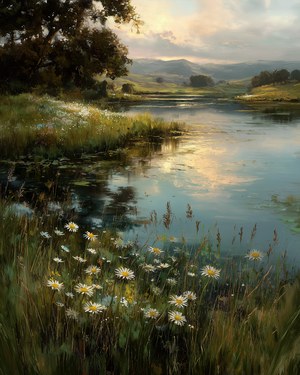 Heritage River Landscape Print, Moody Classic Painting, Digital Art Printable Download, Farmhouse Landscape Print, Rustic Nature Art