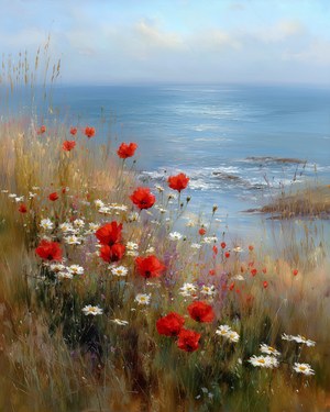 Beach Wildflower Landscape Printable Art, Vintage Beach Print, Ocean Wall Art, Beach House Decor, Summer Seascape Print, Digital Download