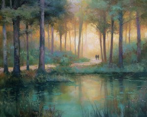 Misty Forest Landscape Print: Serene Lakeside Painting, Rustic Nature Wall Art