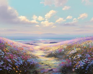 Printable Coastal Wildflower Landscape Painting, Vintage Beach Print, Ocean Wall Art, Beach House Decor, Pink Floral Print, Digital Download
