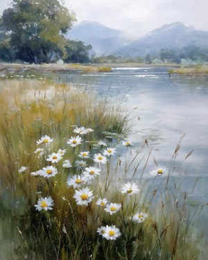 Lakeside daisies painting, serene landscape watercolor art print, tranquil nature wall decor, calming illustration, instant digital download