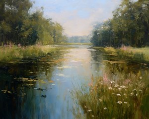 Serene Impressionist Landscape Oil Painting of Tranquil River Scene | Wall Art, Nature Decor, Earth Tones, Lush Greenery, Floral Highlights