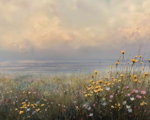 Beach Wildflower Landscape Printable, Vintage Beach Print, Ocean Wall Art, Beach House Decor, Summer Seascape Illustration, Digital Download