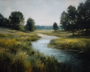 Rustic River Meadow Painting, Vintage Landscape Wall Art Printable, Antique Home Decor, Moody Nature Scene, Heritage Farmhouse Download