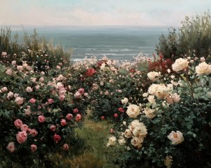 Lush Blooms Overlooking Ocean, Vintage French Countryside Wall Art, Antique Landscape Painting, Rustic Farmhouse Decor, Digital Download