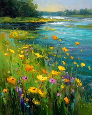 Bright Vibrant Impressionist Lakeside Painting, Wildflower Meadow Art, Nature Landscape, Farmhouse Decor, Heritage Vintage Style Artwork