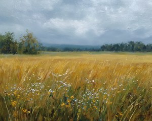 Vintage Wildflower Meadow Painting, Rustic Landscape Field Painting, Moody Countryside Decor, Bedroom decor, Antique Heritage Farmhouse Art