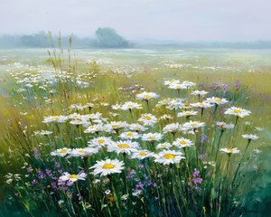 Wild Daisy Meadow Oil Painting, Vintage Summer Floral Wall Art, White Daisy Field Landscape, Rustic Farmhouse Decor, Moody Floral Print