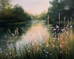 Moody Riverbank Oil Painting, Vintage Summer Lake Landscape, Pink Wildflower Meadow Art, Dark Green Nature Wall Decor, Rustic Creek Print