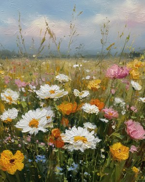 Vibrant Wildflower and Daisy Meadow Oil Painting, Colorful Floral Wall Art, Textured Impasto Summer Garden Landscape, Rustic Farmhouse Decor