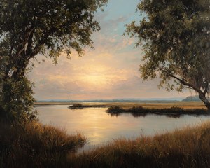 Golden Marsh Sunset Oil Painting, River Landscape Art, Coastal Wetland Vista Print, Vintage Southern Nature Illustration, Farmhouse Decor