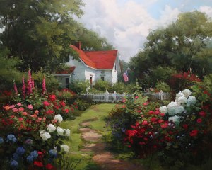 4th of July Wall Art, Patriotic Cottage Oil Painting, Vintage American Flag Decor, Rustic Summer Landscape, Independence Day Print