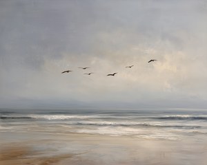 Moody Seascape Oil Painting, Flying Birds Over Ocean Waves, Coastal Beach Landscape, Calming Ethereal Sea Print, Minimalist Heritage Decor