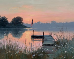 Patriotic Lake Sunset Oil Painting, American Flag at the Dock, Nostalgic Americana Art, Quiet Morning Lake Landscape, Rustic Cabin Decor