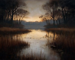 Twilight Lake Oil Painting, Summer Marsh Landscape Art, Vintage Sunset River Print, Rustic Warm Toned Decor, Dark Moody Nature Wall Art
